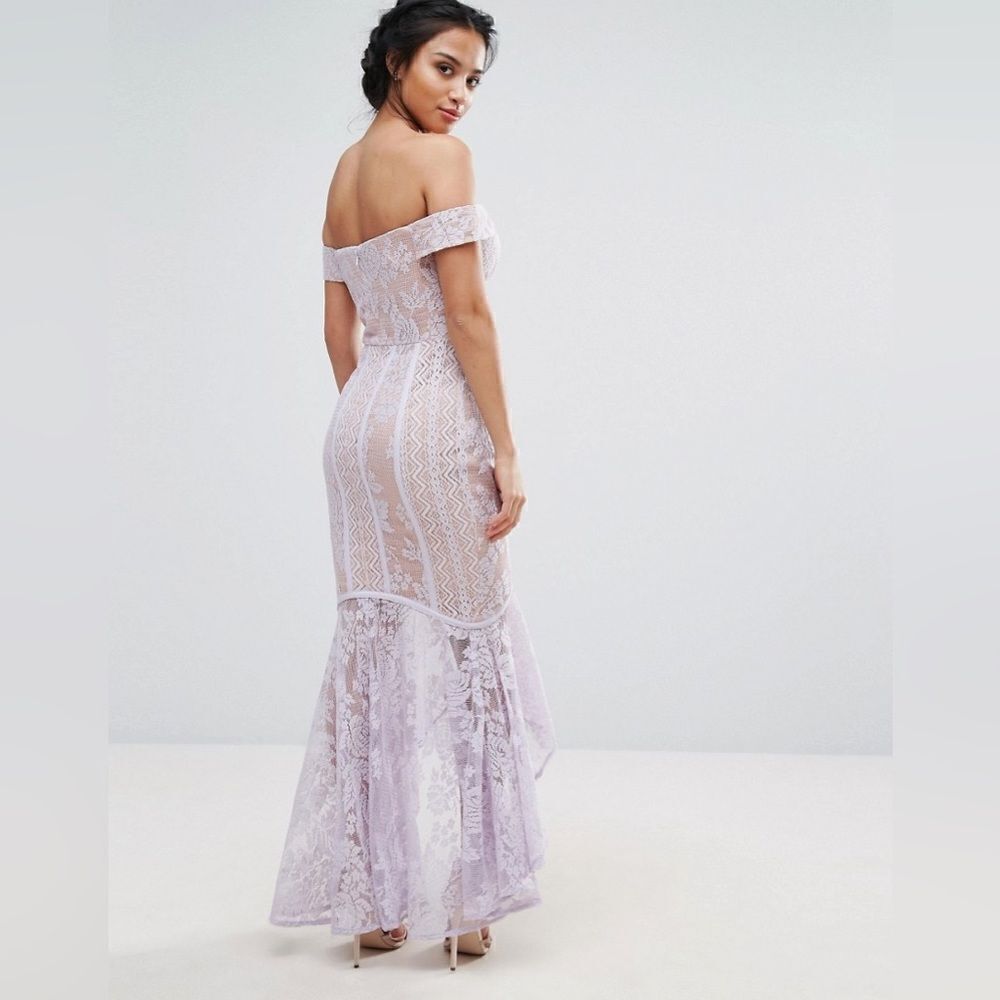 Jarlo All Over Lace Off Shoulder Fishtail Dress Lavender - Picture 3 of 5